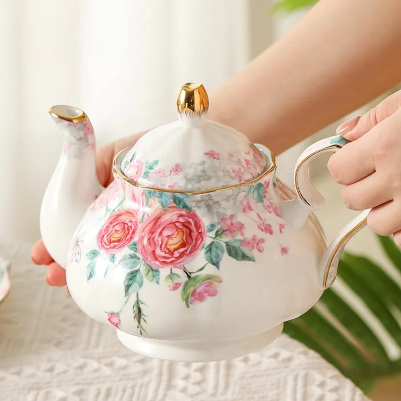 Pink Rose Garden Ceramic Coffee Cup Afternoon Teapot Dessert Cake Dinner Plate Tableware Tea Cup and Saucer Set