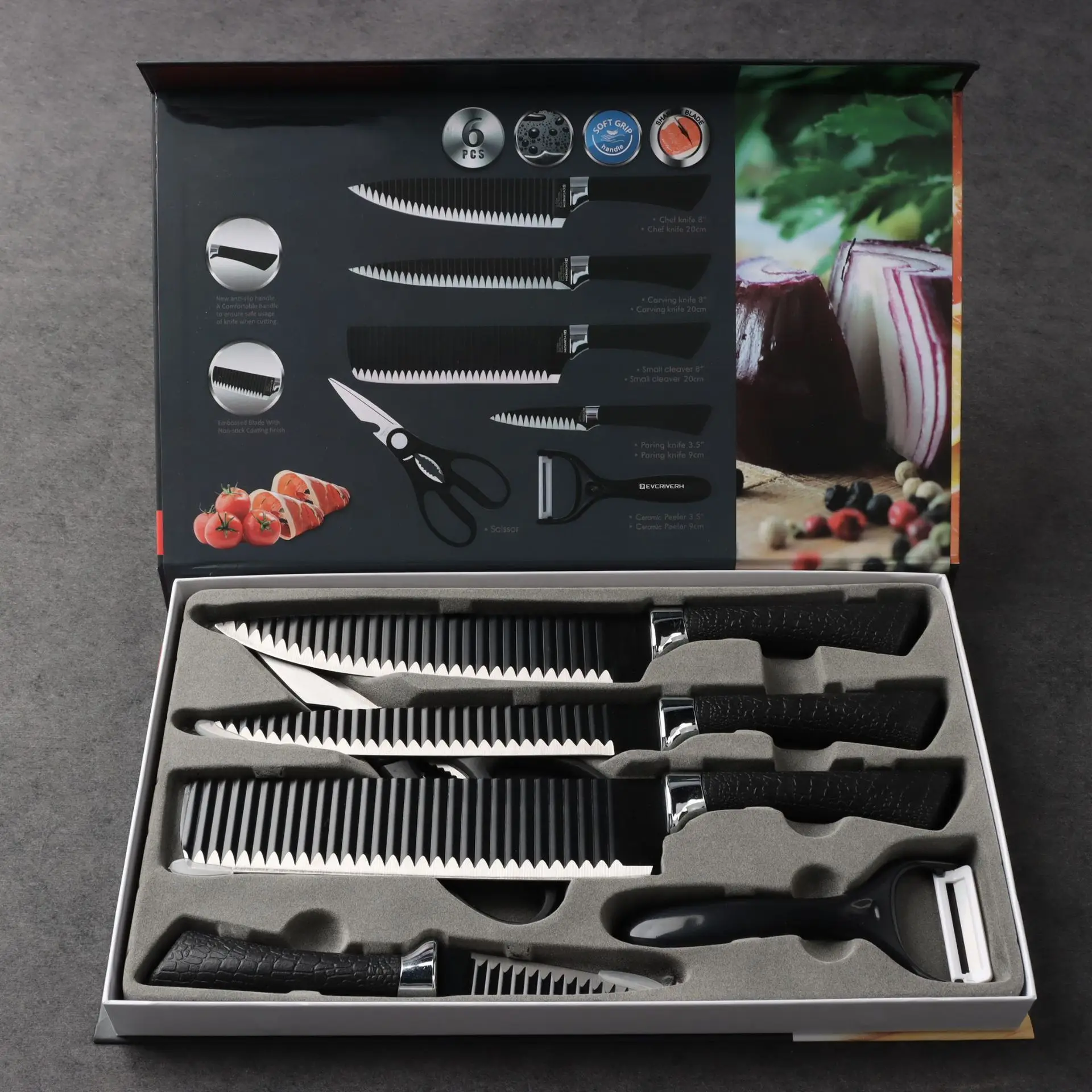 Wholesaler direct selling stainless steel kitchen 6pcs knife set with customization gift box Low MOQ 6pcs kitchen knife set