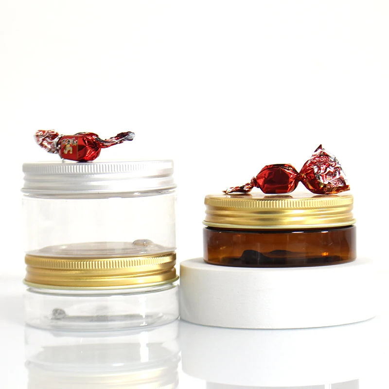 100ML 200ML 300ML 500ML pet round transparent bottle 8oz 10oz cosmetic container food grade plastic jar with gold lids