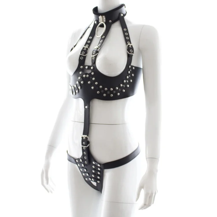 BDSM Bondage Full Collar Chest Underwear Body Harness Leather Lingerie Costume for Women