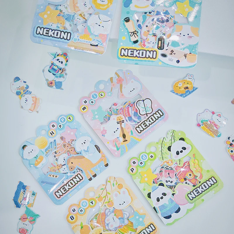 Nekoni Animal Original Chinese Vintage Stickers Kitty Bunny Otter Little Dog Panda Bear Sticker Pack Sparkly Glittery Stickers