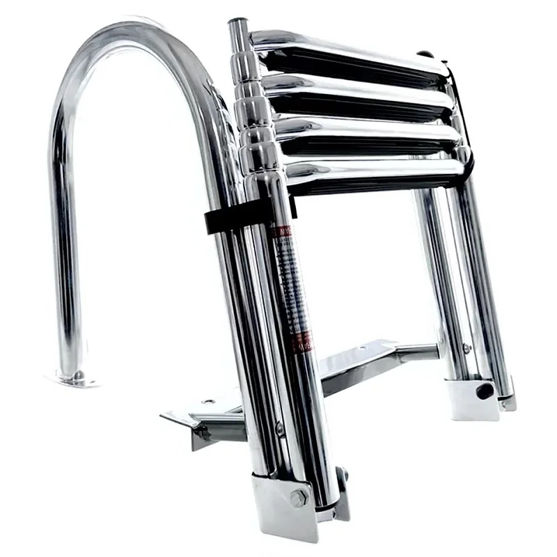 LARIN 4 Steps Stainless Steel Pontoon Boat Folding Ladder Telescoping Ladder with Safety handrail