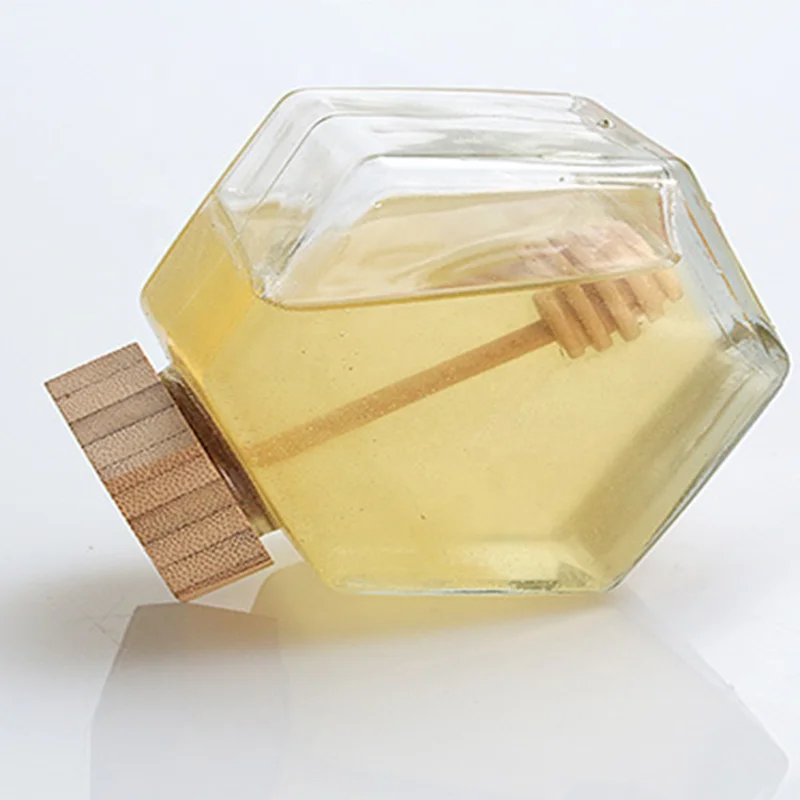 Шестигранная стеклянная банка объемом 220 мл для герметичного хранения меда, пустая банка для сахара, стеклянные банки для хранения с деревянными крышками