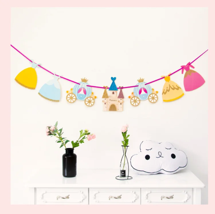 Бумажная Золотая блестящая фольга принцесса замок гирлянда баннер флажки для детского праздника