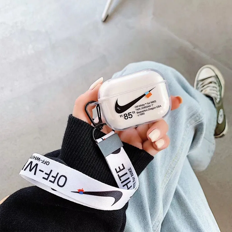 Спортивный брендовый чехол для наушников Airpods Pro 1/2 мягкий из ТПУ защитный чистого цвета с ремешком защита