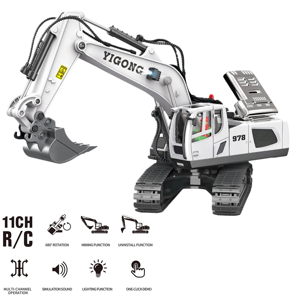 AiJH 11CH Alloy RC Excavator Car Turntable 680 Degrees Engineering Vehicle With LED Light Sound Bulldozer Toy RC Excavator Car