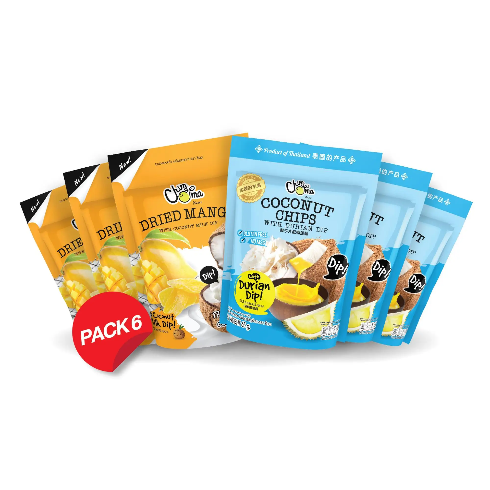 
Сушеные манго с кокосовым молоком Dip 100 г и кокосовые чипсы с дуриан Dip 65 г (6 мешков/упаковка) бренд Chimma 