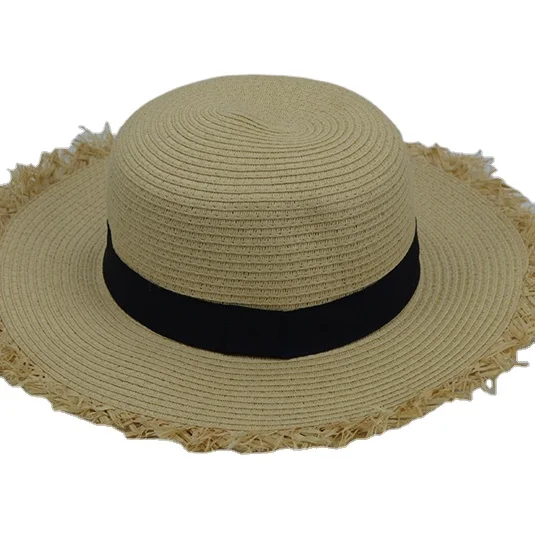 Custom Luxury Women Boater Straw Hats Wide Brim Raffia Straw Hats Fringe Lady Hat