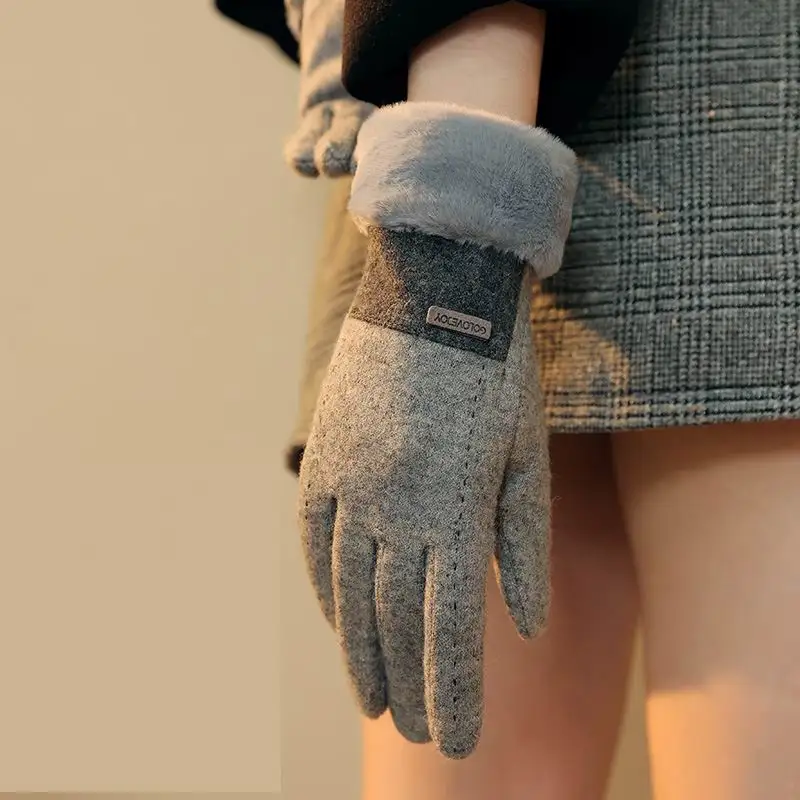 cashmere Women gloves windproof soft fur cuff cute embroidery touch screen winter bike riding gloves for ladies