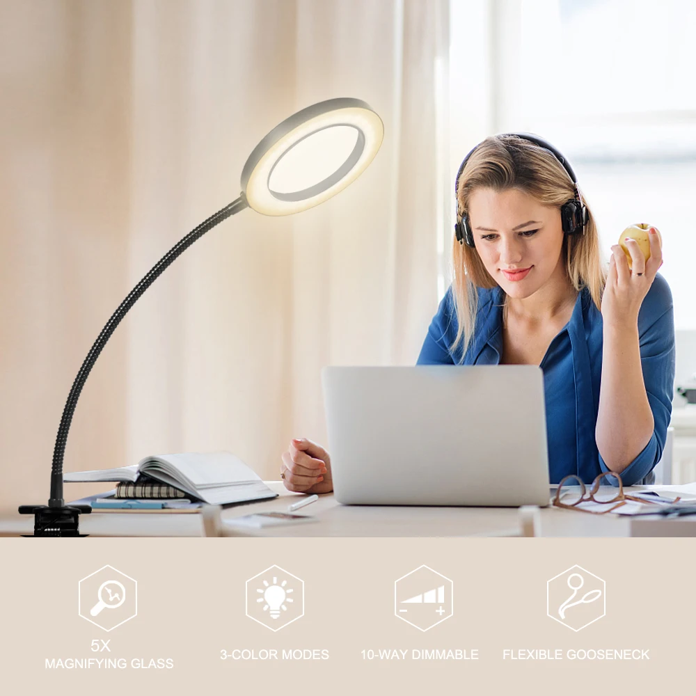 5X Illuminated Magnifier 3 Color Modes Stepless Dimmable Lighted Magnifier Flexible Gooseneck LED Desk Lamp  for Craft Reading