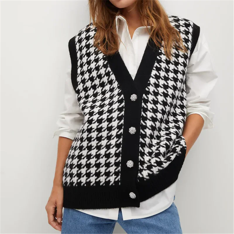 
2020 V-Neck Houndstooth Vest Sleeveless Knit Sweater Sueter Mujer Knit Houndstooth Cardigan Pull Sans Manche 