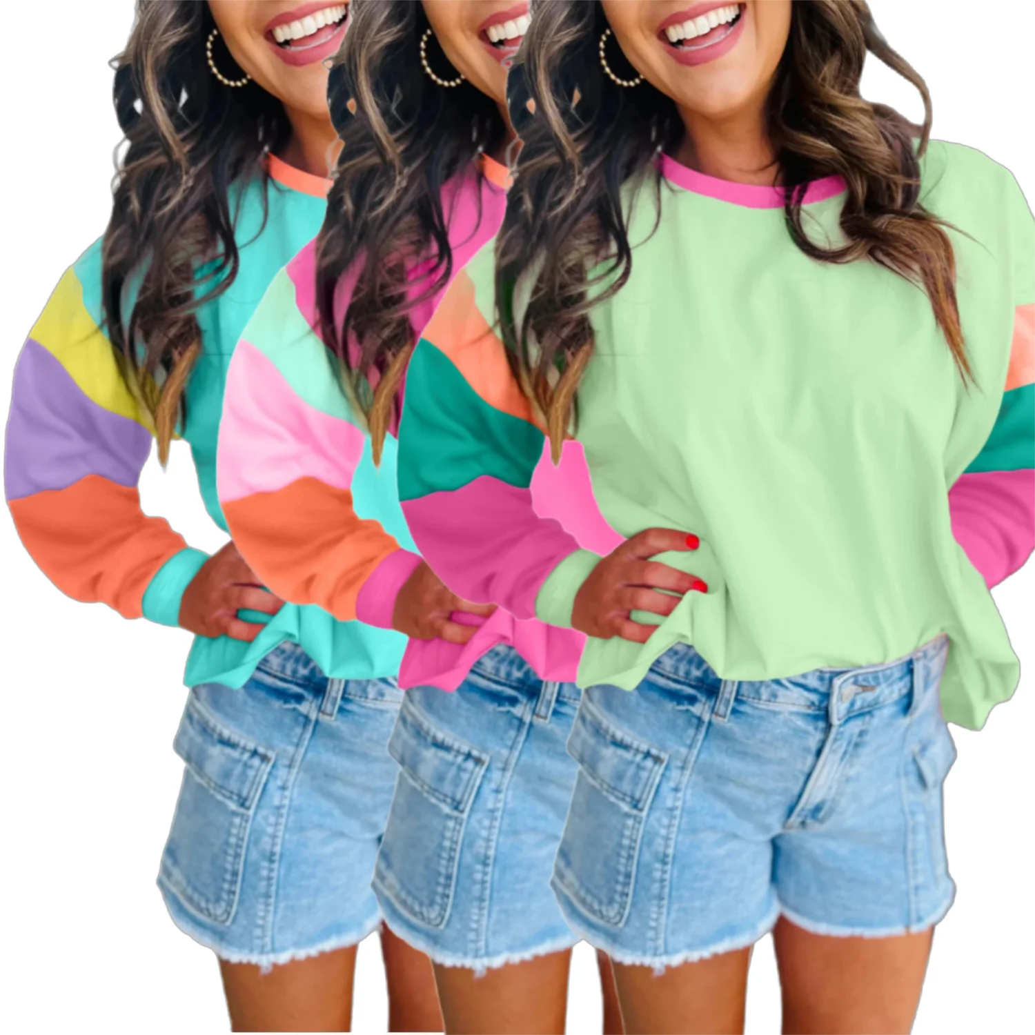 2024 Wholesale Chic Clothes Customized Women Fall winter Long Rose Red Color Block Round Neck Loose Fit T Shirt