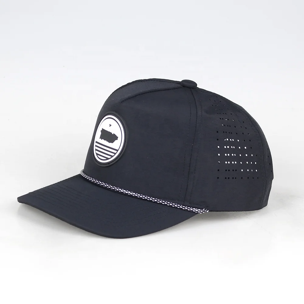 Custom Men 5 Panel Rubber Patch Perforated Laser Cutting Hole Drilled Baseball Hat,Waterproof Sport Cap With Rope