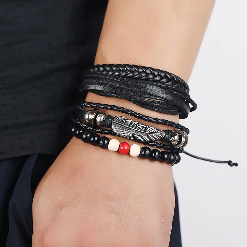 Fashion feather beaded Jewelry Handmade Woven Vintage multilayer Bracelet DIY 4 pieces set bracelets for men and women