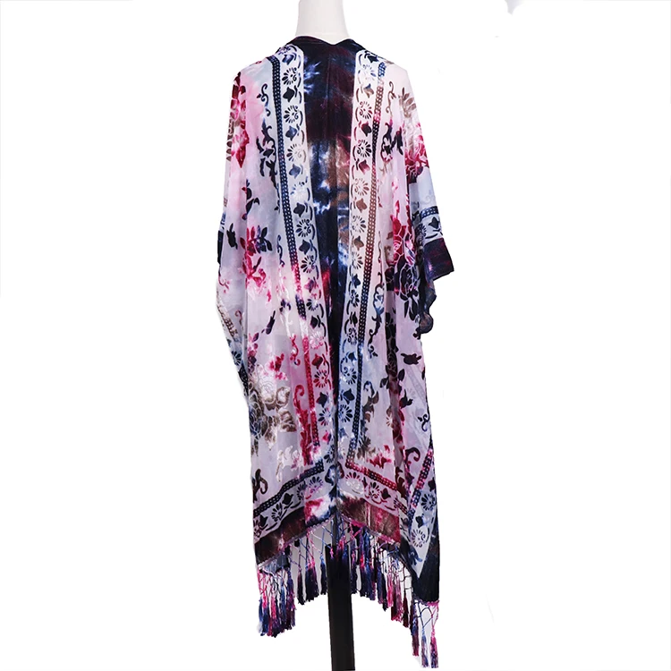 Tie dye burnout velvet kimono multi color ladies blouse ruana with crochet fringes women autumn viscose kimono
