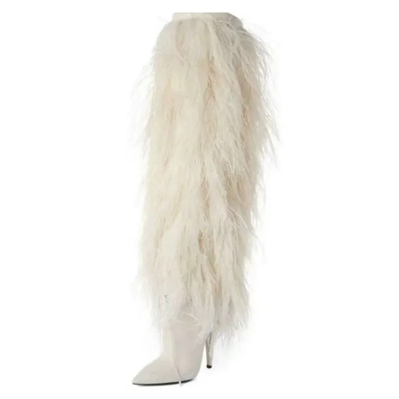 White Feather Fringe Women Boots  Sexy Pointed Toe Full Fur Thigh High Boots Thin Heels Suede Zip Runway Over The Knee Botas