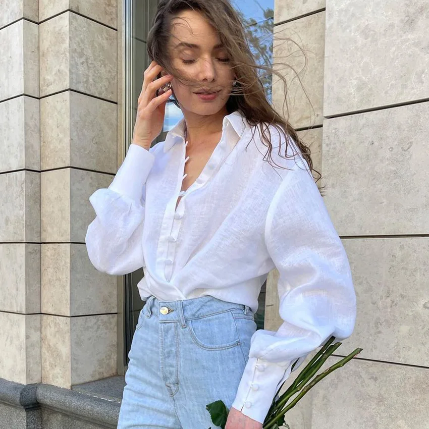 OEM Custom Women Linen Cotton Blouses Sexy White Office Lady Fashion Lantern Sleeve Tops Elegant Blouse for Ladies
