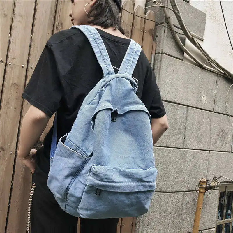 Fashion Lightblue Dark blue Jeans Outdoor Bag Travel School Bag Denim Women Mens Backpack