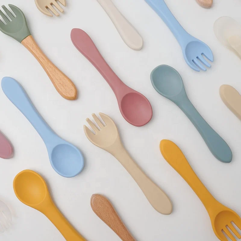 OEM Reusable Mini Children Long Handle BPA Free Kids Dining 100% Feeding Baby Silicone Fork And Spoon Set