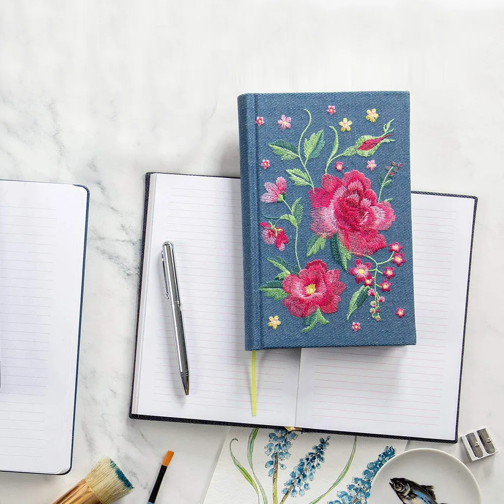 Custom Logo A5 Hardcover Lined Ruled Paper Embroidery Journal Fabric Linen Notebook