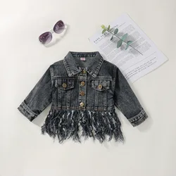 Fray Bottom Adorable Sweetness Baby Toddlers BIG SIS Black Fringe Denim Jacket Girls Dolly Fringe Detail Tassel Jean Jacket