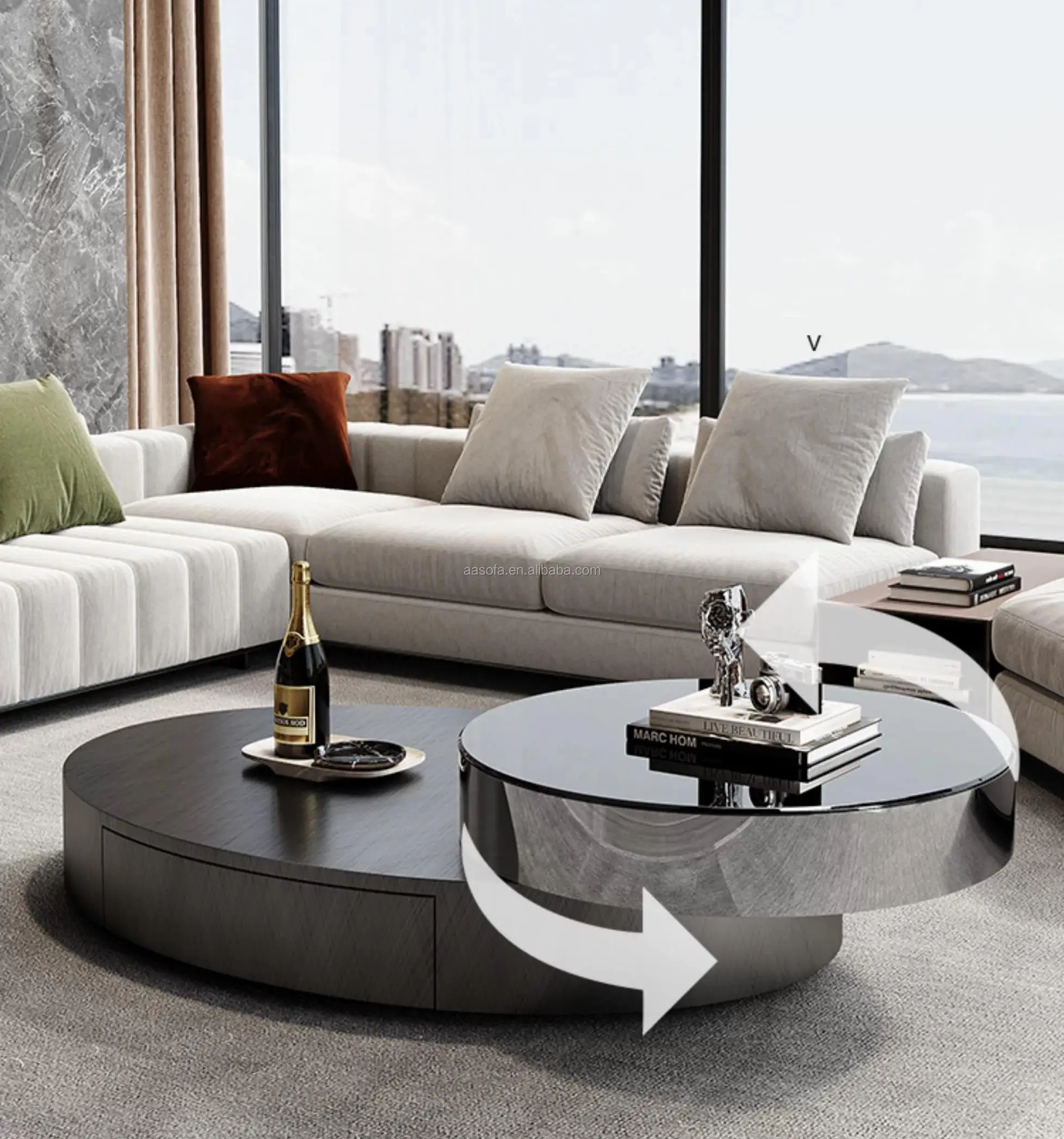 Latest cool round wheel rotating coffee table  in the living room portable swivel sliding clear glass center table with drawer