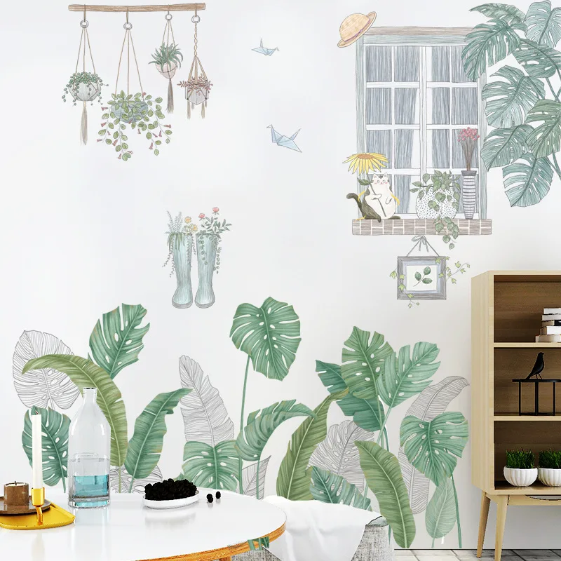 YIYAO Fashion tropical ins large Nordic green plants literature art bedroom background wall self-adhesive creative wall sticker
