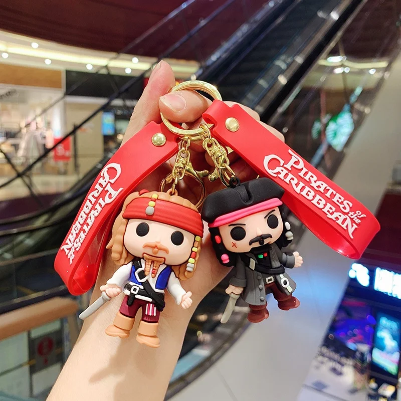 3D Cartoon Pirates Keychain Cute Style Jack Sparrow Big Head Silicone Metal Keyring Purse Wallet Wristlet Car Key Ring