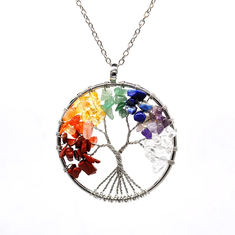 7 Chakra Stones Natural Stone Quartz Tree of Life Pendant for Women Men Healing Crystal Necklace Pendants Reiki Jewelry
