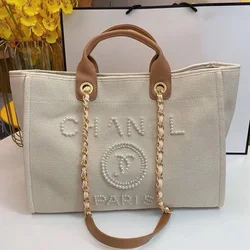 Luxury Designer Letter Embroidery Canvas Shoulder Bag Woman Ladies Jumbo Canvas Tote Bags Leather Handle with Chain
