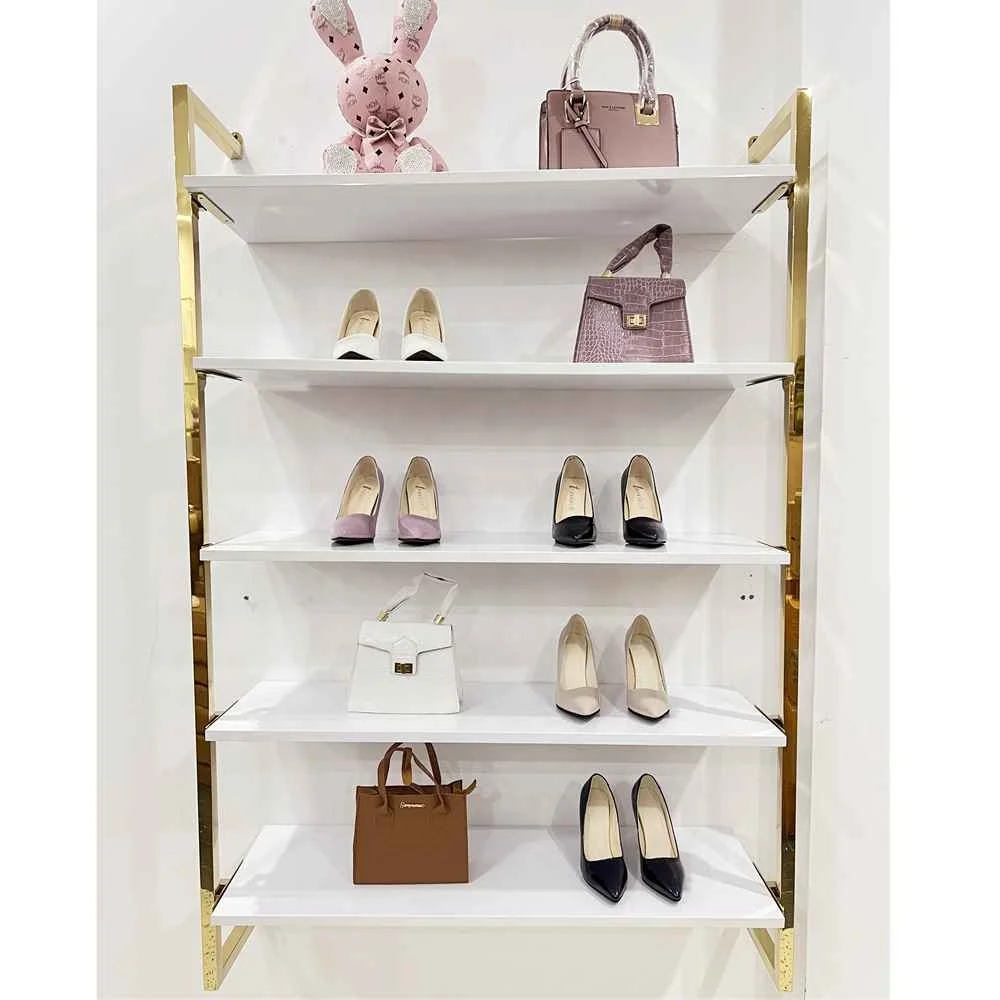 Interior Design Clothing Store Furniture Shop Decoration Gold Stainless Steel 4 Tiers Wall Shoe Display Rack For Shoe Bag Store