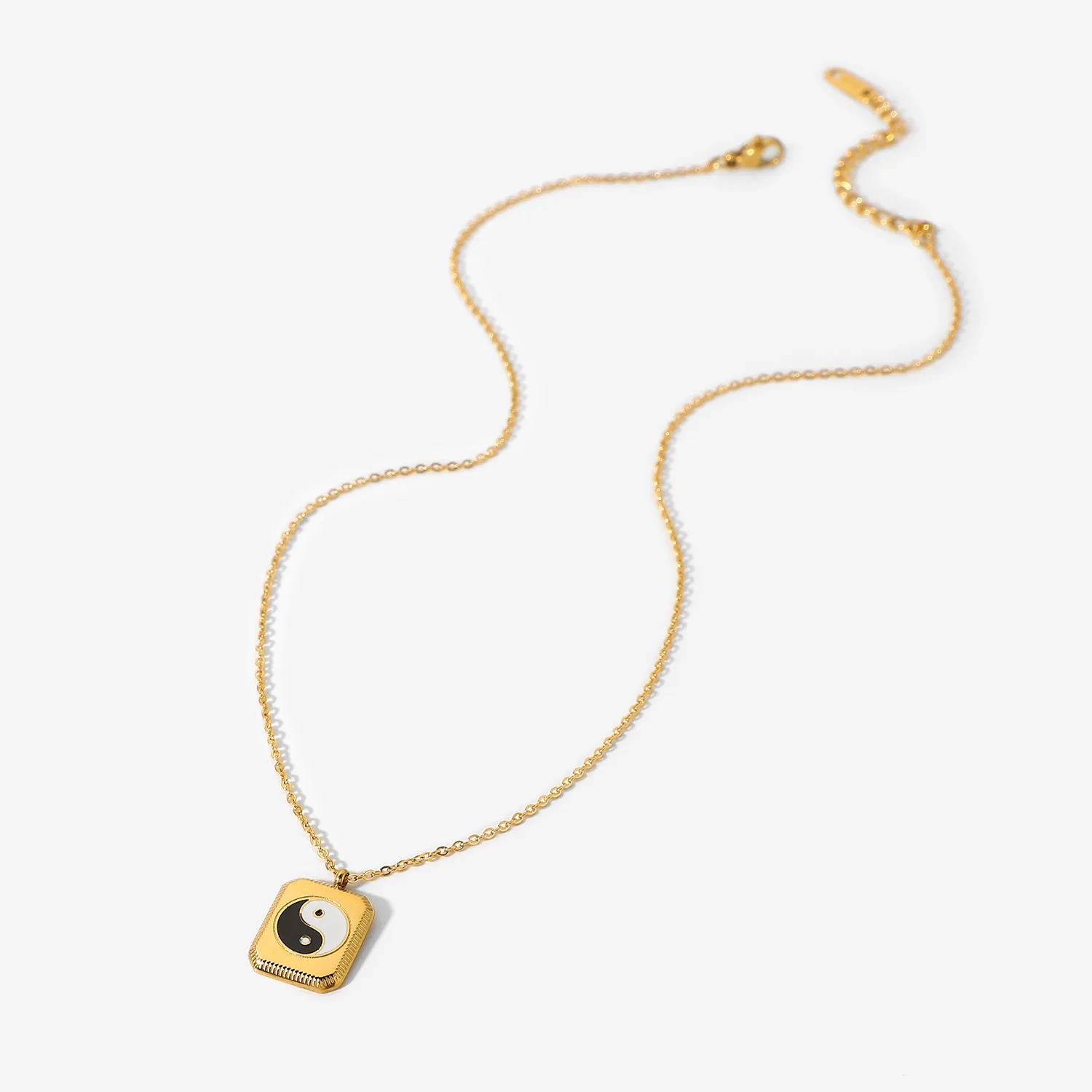 Fashion 18K Gold Plated Stainless Steel Tarnish Free Black and White Yin Yang Enamel Square Pendant Necklace