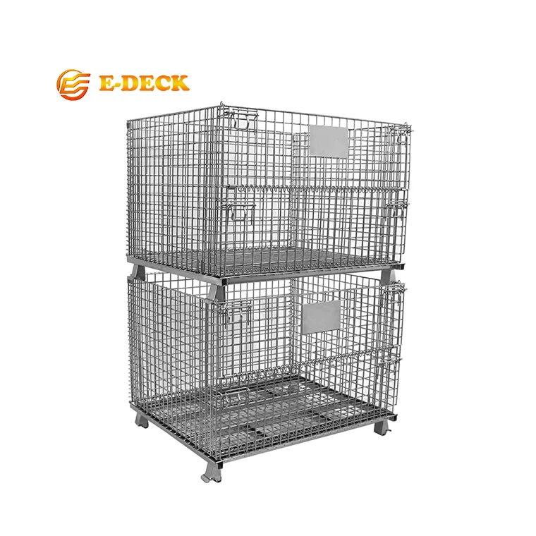 Heavy duty stackable folding lockable metal steel storage rigid grid wire mesh container