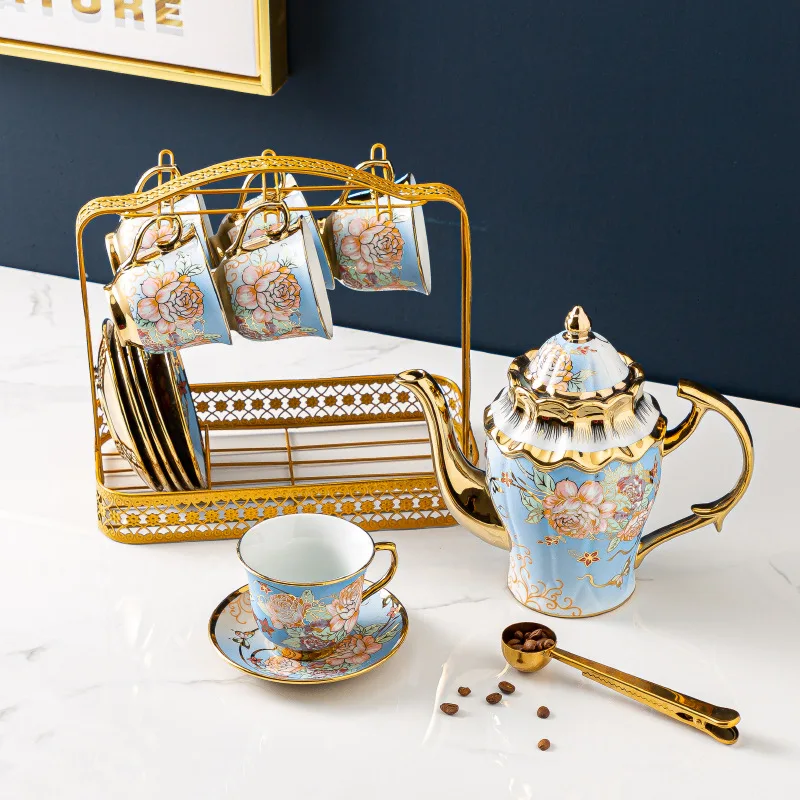 2020 Hot Sell Coffee Cup Gold Tea Cup Sets With Saucer and Cup Holder Vintage Ceramic Tea Set