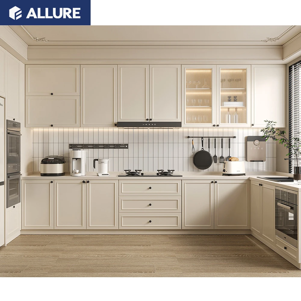 Allure Luxury Complete Set Storage Cupboard Furniture Smart European Antique Paint White Solid Wood Island Kitchen Cabinet