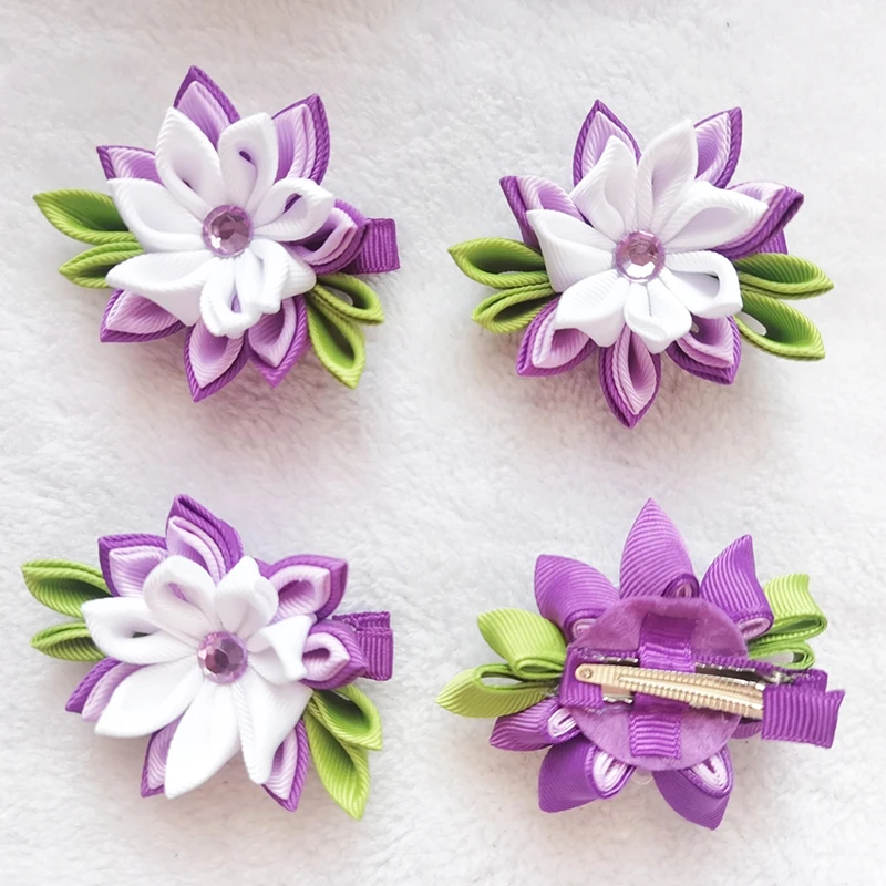 Variety of Colors Customer Girls Pigtail Flower Bows Hair Clips Schools Ribbon Purple Hair Bow