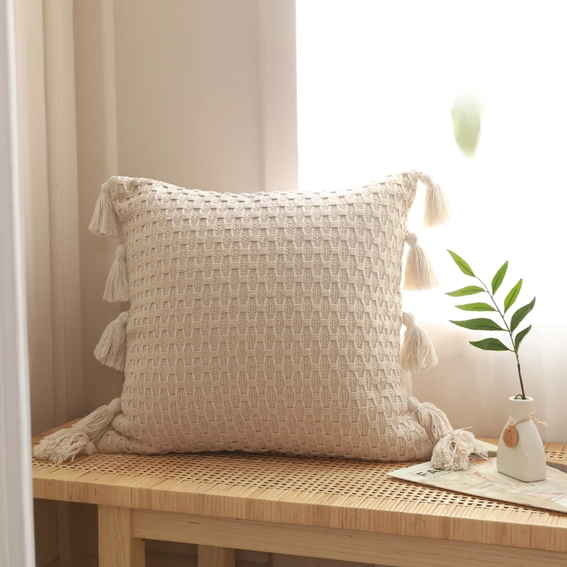 Tassels Decorative Throw Pillow Covers Cotton Woven Home Decor Pillow Case With Tassels, Modern Square Pillowcase, Accent Pillow