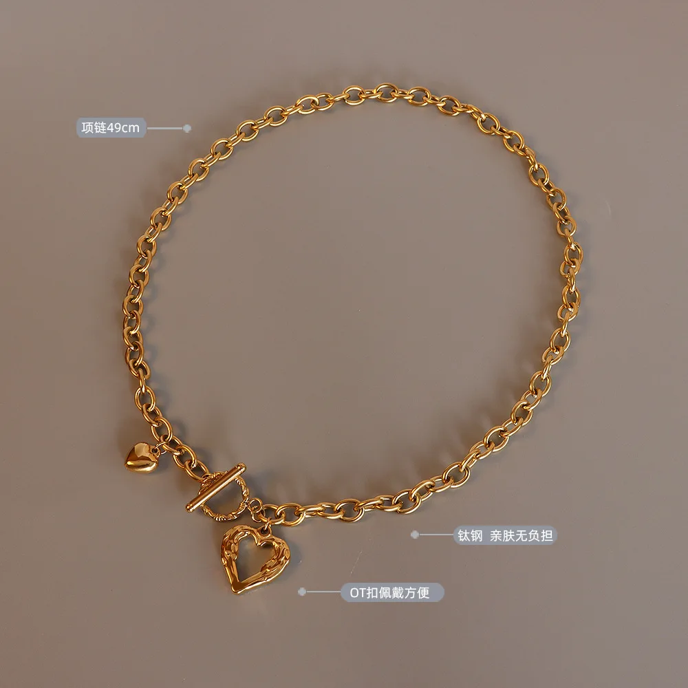 French Ins Style Peach Heart Ot Button Heart Necklace Women Collarbone Chain Jewelry Titanium Steel Necklaces CLASSIC Link Chain