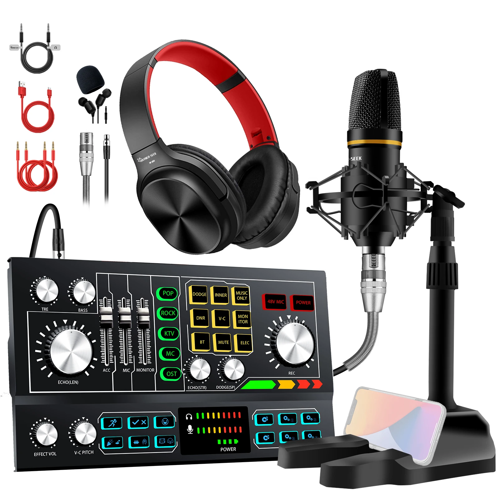 All-In-One Podcast Production Studio Kit Professional 48V Desktop Condenser Microphone Recording Sound Card