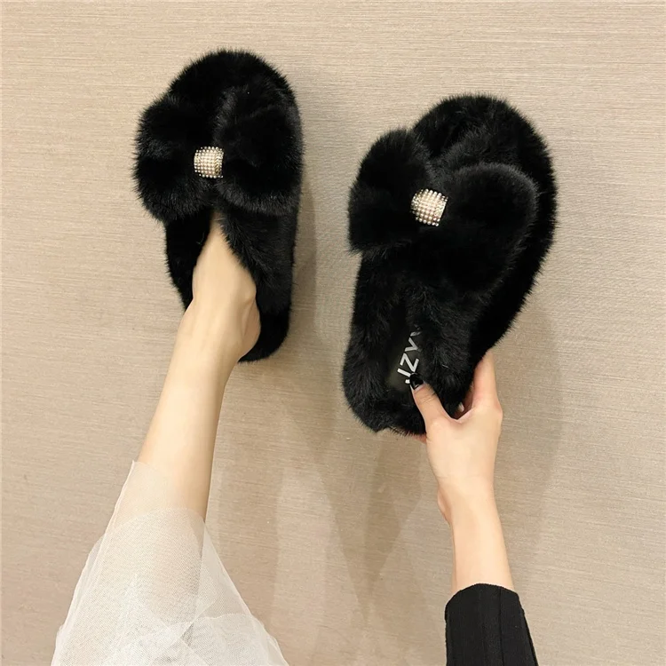 Международная торговля, женские шерстяные тапочки большого размера с бантом, новинка 2021 года, теплые плюшевые шлепанцы на толстой подошве со стразами