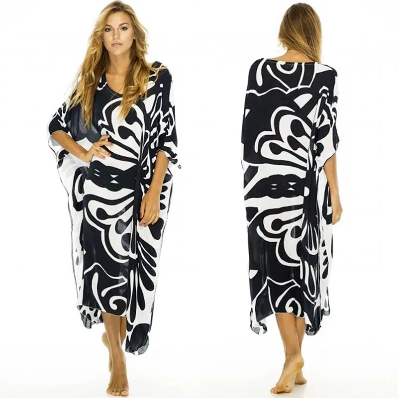 
Beautiful Black White Butterfly Print Long Loose Maxi Kaftan Casual Dress Beach Cover Up 