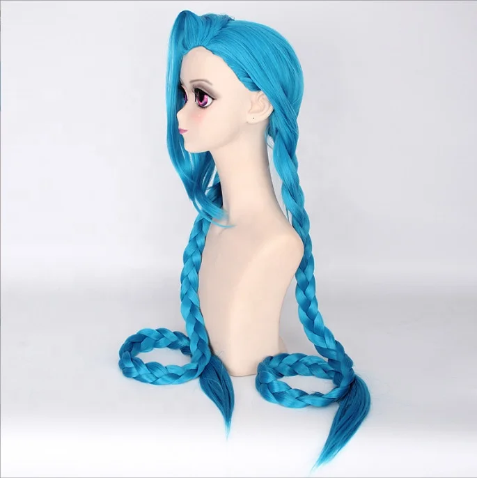 High Quality Long Straight Blue Double Braided Wigs LOL League of Legends Game Jinx Cosplay Wig Synthetic Anime Hair Wigs
