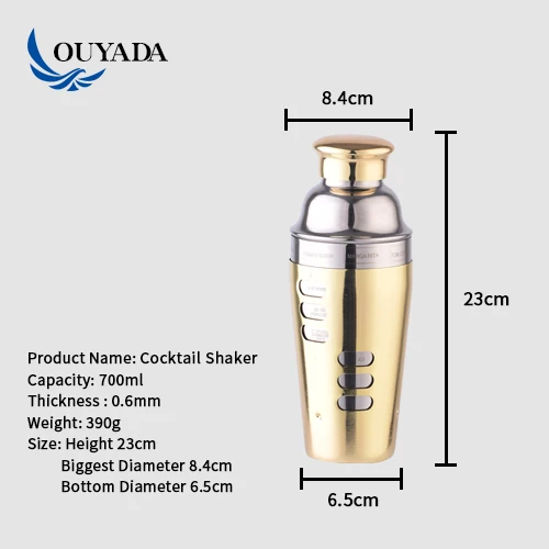 Factory direct 25oz measurement recipe stainless steel gold cocktail shaker