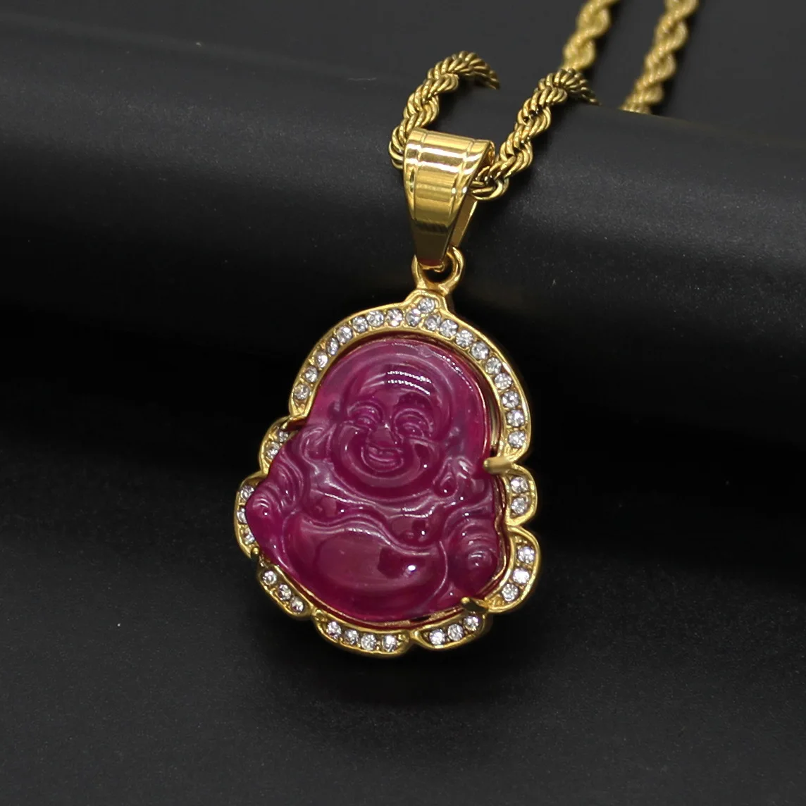 Coloful Diamond Paved Stainless Steel Buddha Pendant Necklace Natural Jade Religious Maitreya Pendant Buddha Necklace