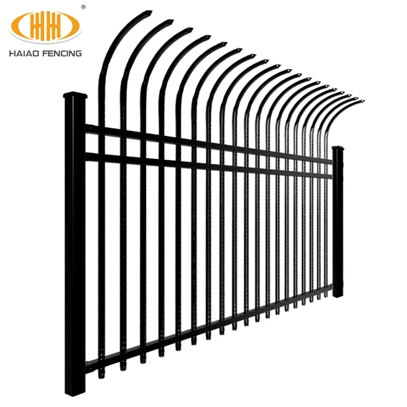 Haiao security residential spear top curved fence black steel picket metal fence panel decorative wrought iron fencing for sale