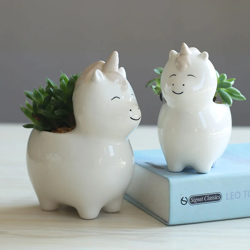 Небольшой скандинавском стиле сочные цветочный горшок белого цвета с принтом из мультфильма, с цветами и животными, керамический цветочный горшок