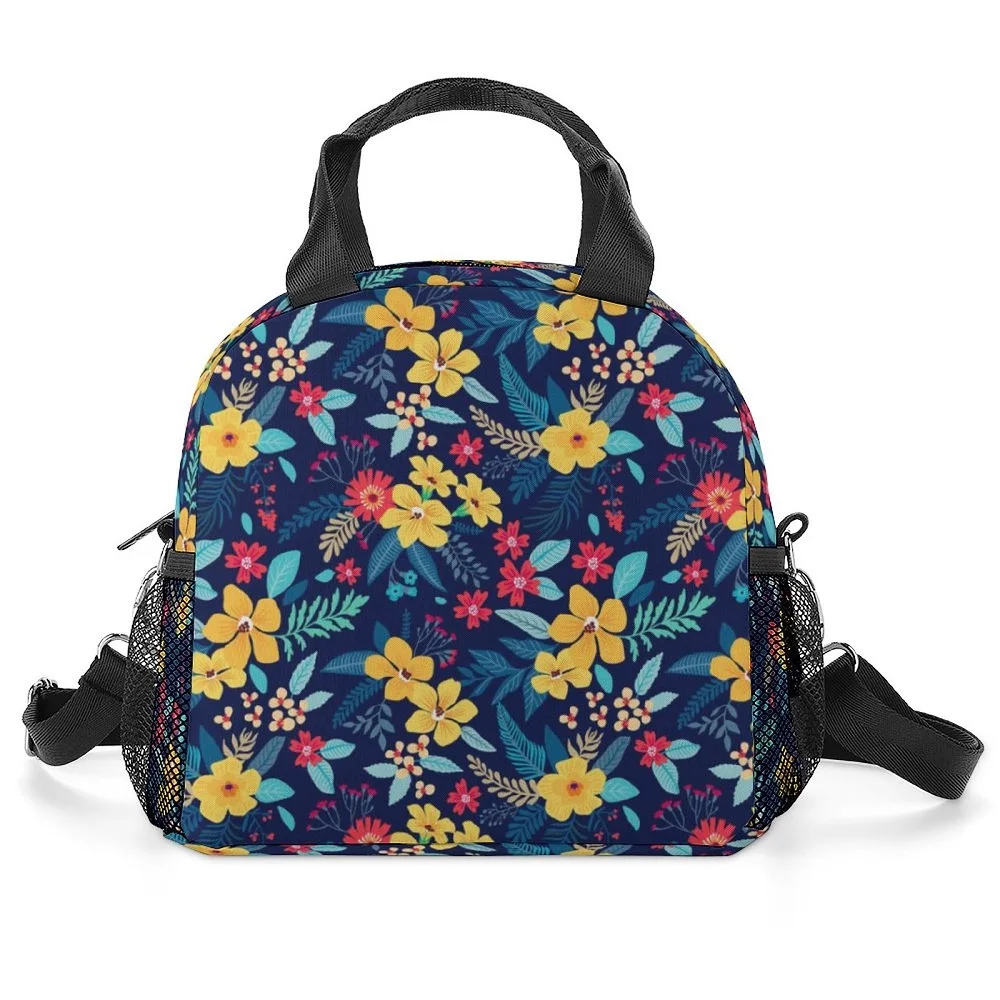 Insulated Lunch Bags for Adult Portable Tote Lunchbox with Handle Belt Reusable Flower Pattern Lunch Box for Hiking Outdoor