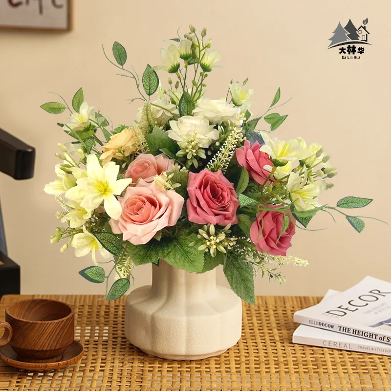 Simulation Artificial Flower Real Touch 5 Heads Silk Persian Rose and lily Bouquet For Wedding Home Backdrop Decoration