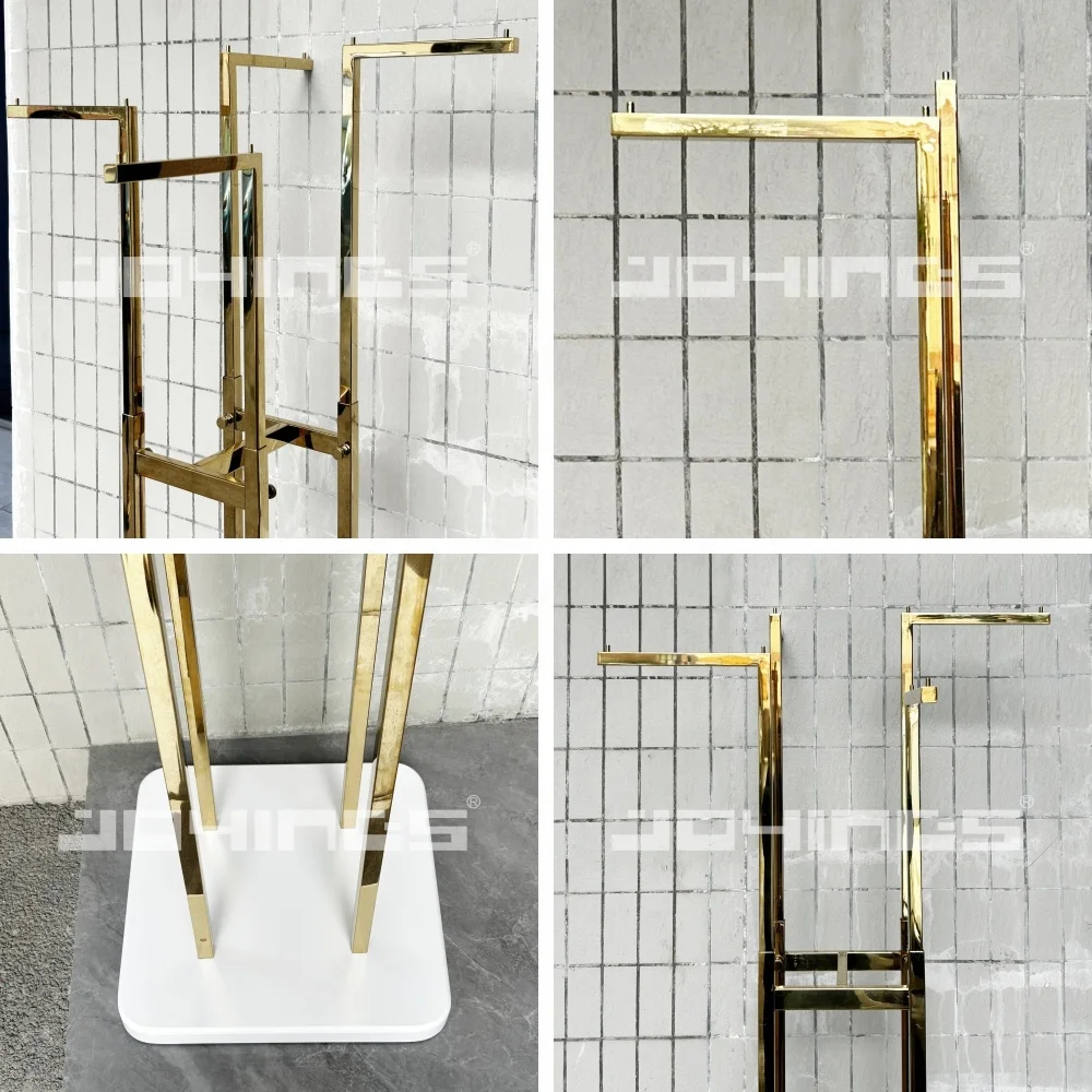 Island gold color stainless steel hanging clothes display stand in ladies garments shop
