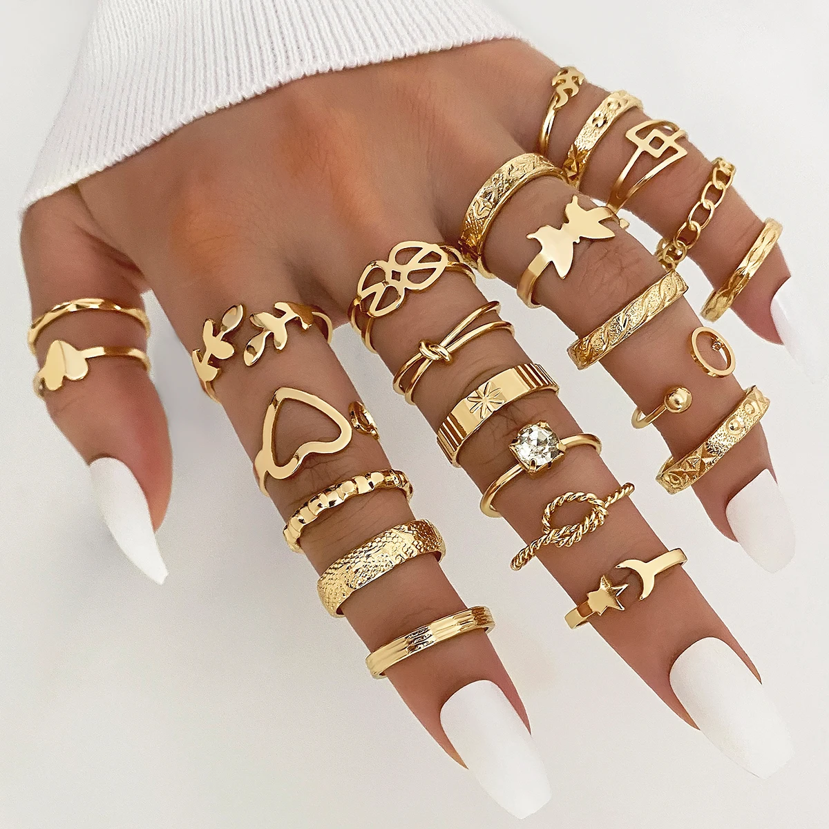 23pcs/set Trendy Geometric Gold plated Crystal Finger Ring Set Punk Diamond Chunky Pearl Rings Set For Women Jewelry Gift